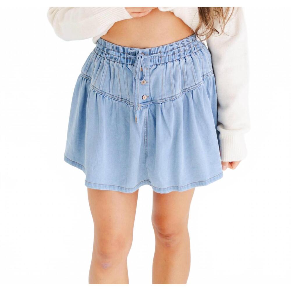 NEW WILDFLOWER women's denim stretch soft denim pintuck flare mini skirt in blue